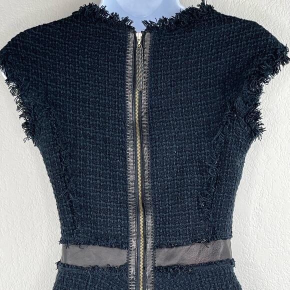 Rebecca Taylor Black Tweed Peplum Fringe Leather Trim Wool Cap Sleeve Top 2 - Picture 12 of 16